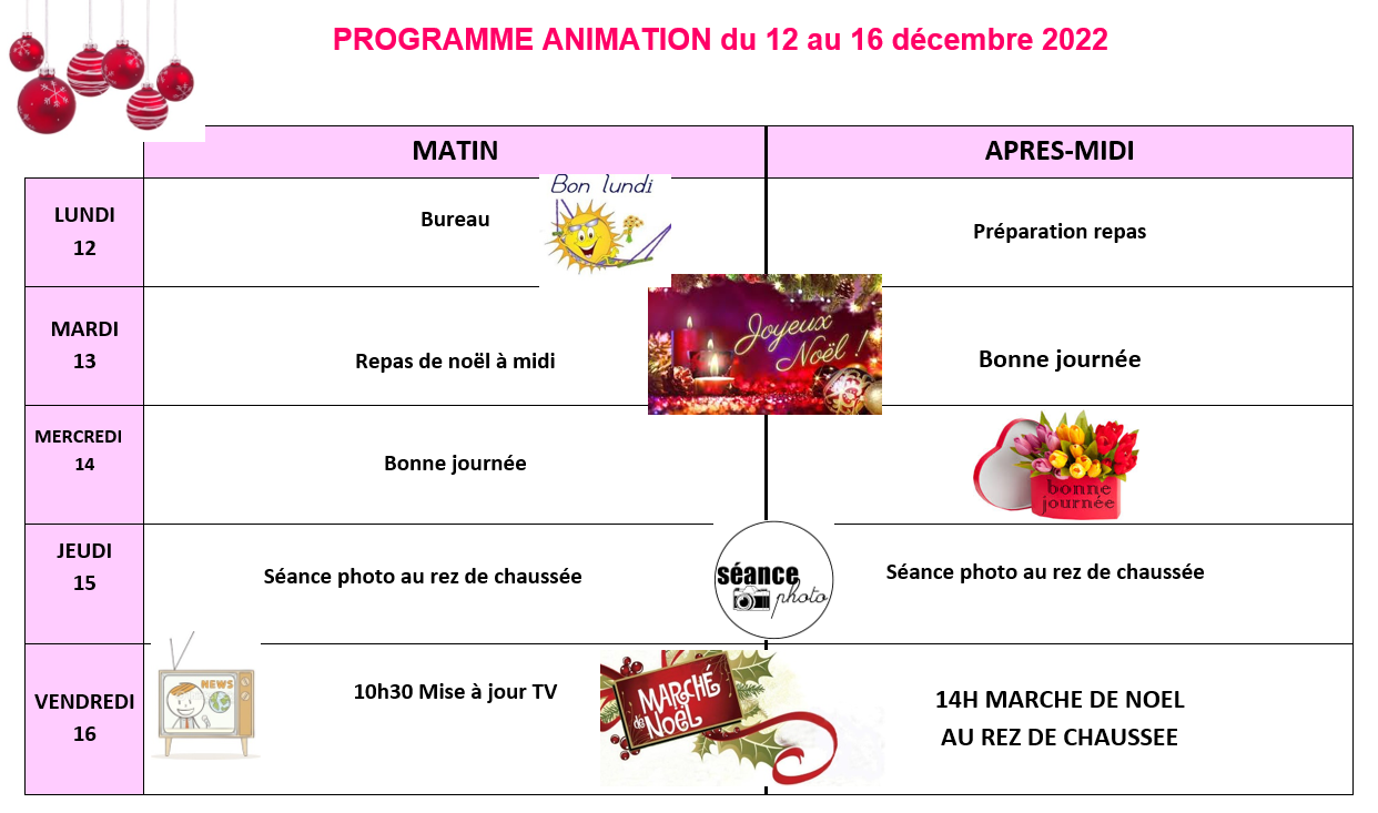 Animations de la semaine du 12 au 16 décembre EHPAD LE PARC